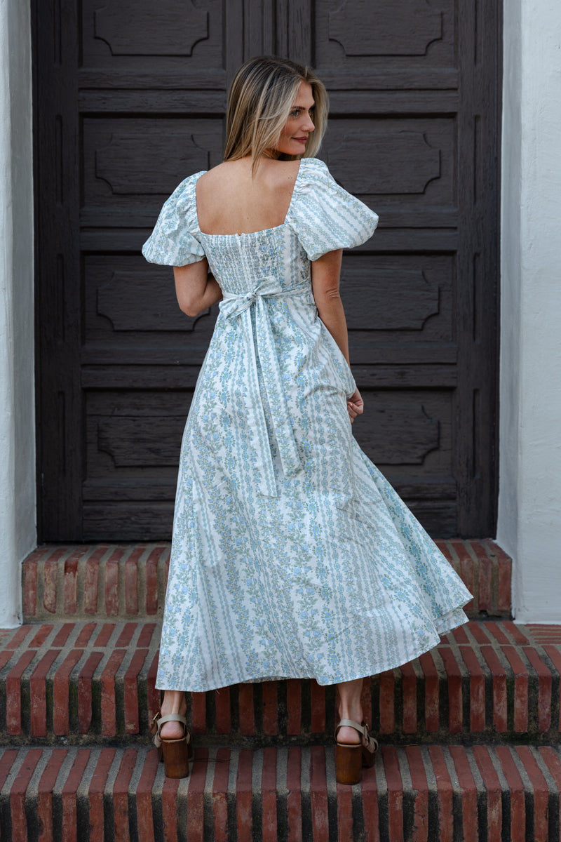Stella Short Puff Sleeve Floral Print Midi Dress Blue