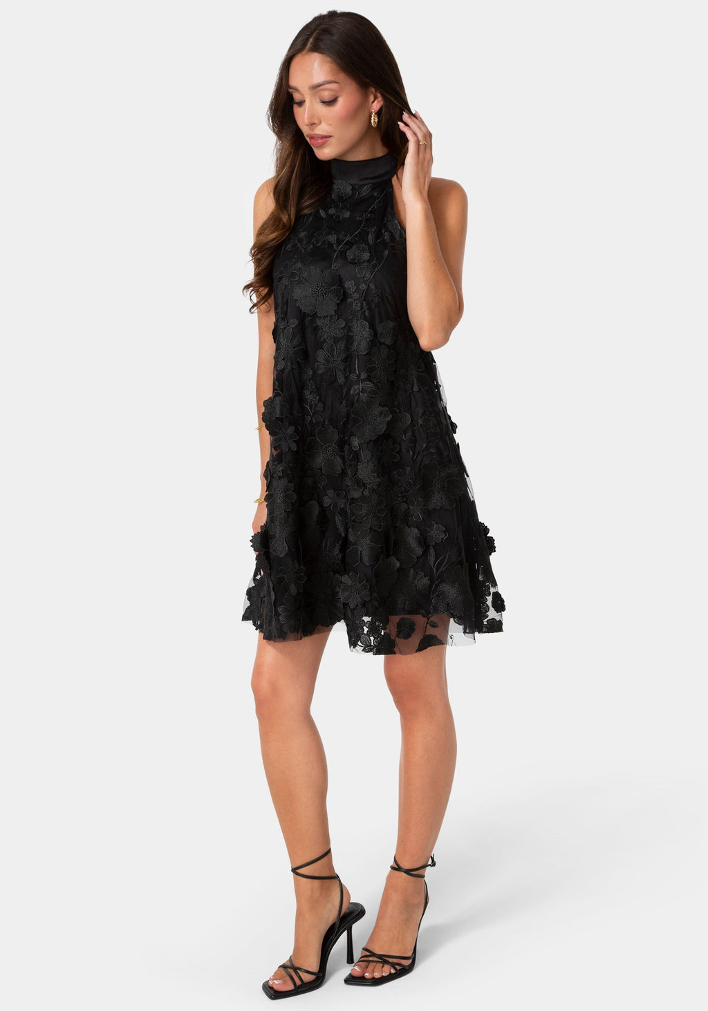 Floral Embroidered Halter Swing Dress