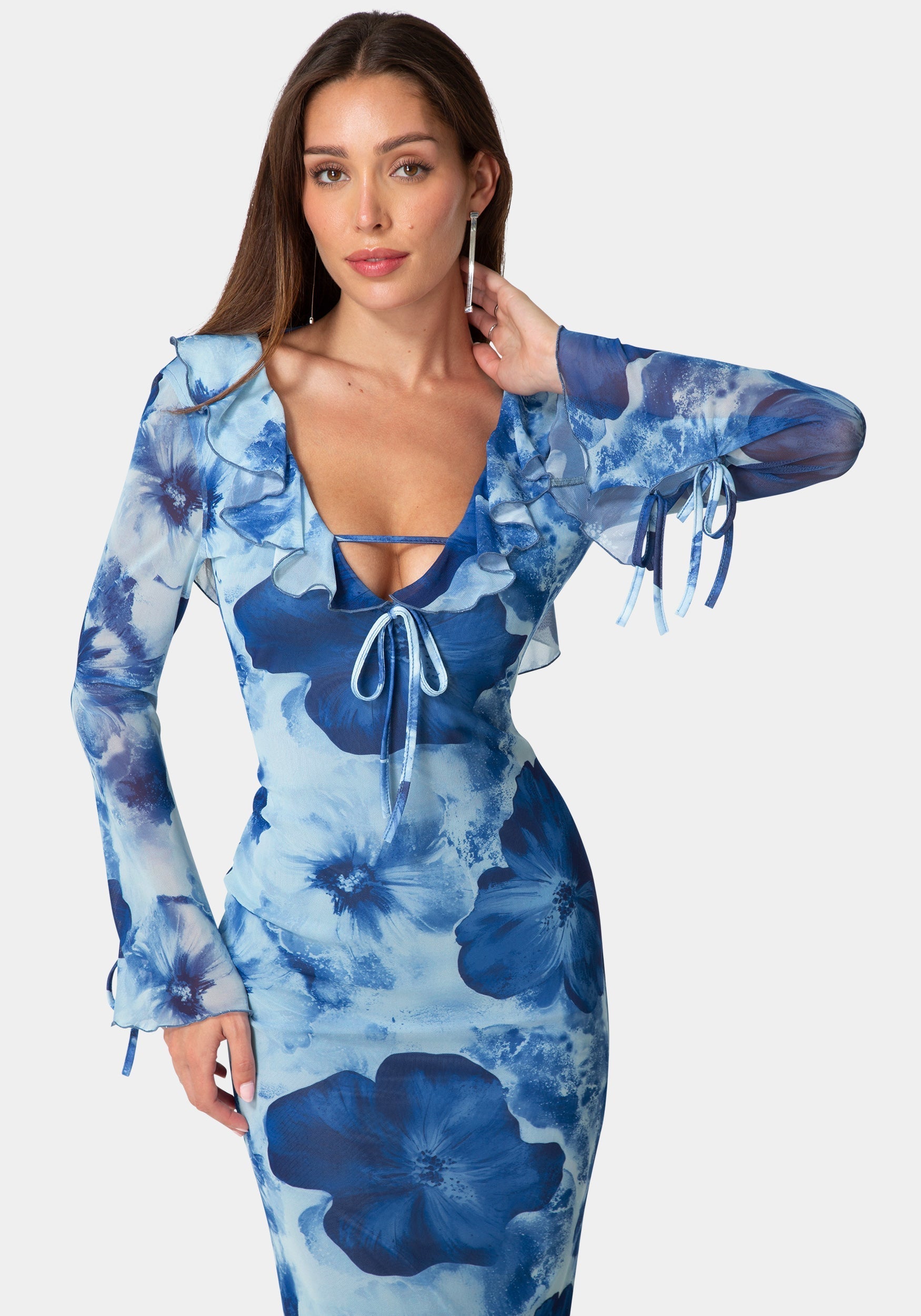 Ruffle Detail Mesh Maxi Dress