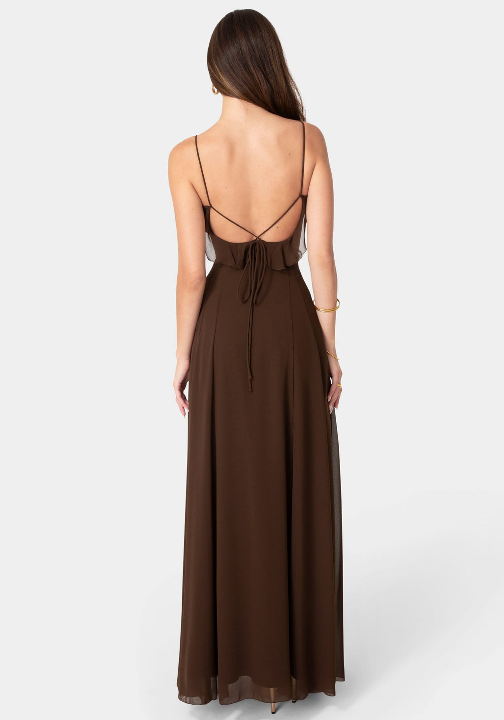 Lace Up Ruffle Chiffon Maxi Dress