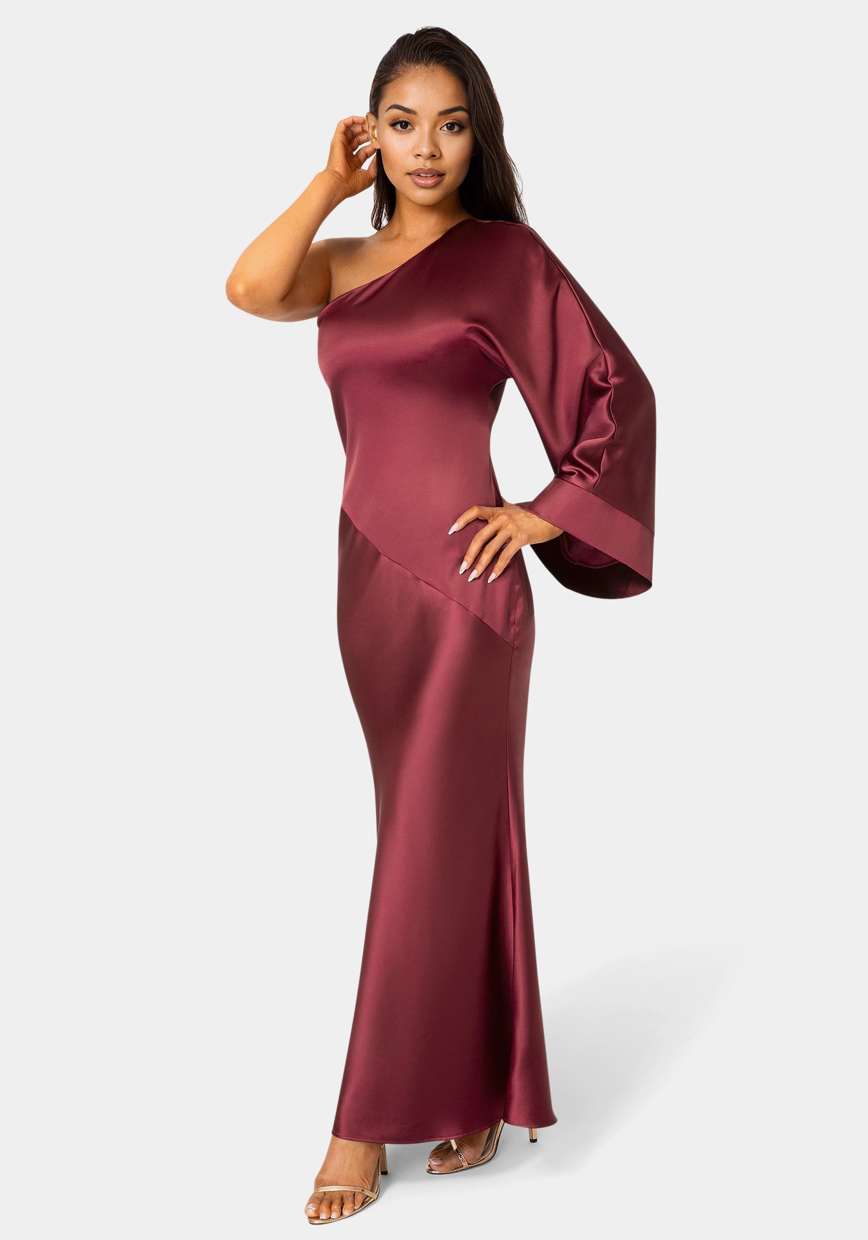 One Shoulder Bell Sleeve Satin Maxi Dress