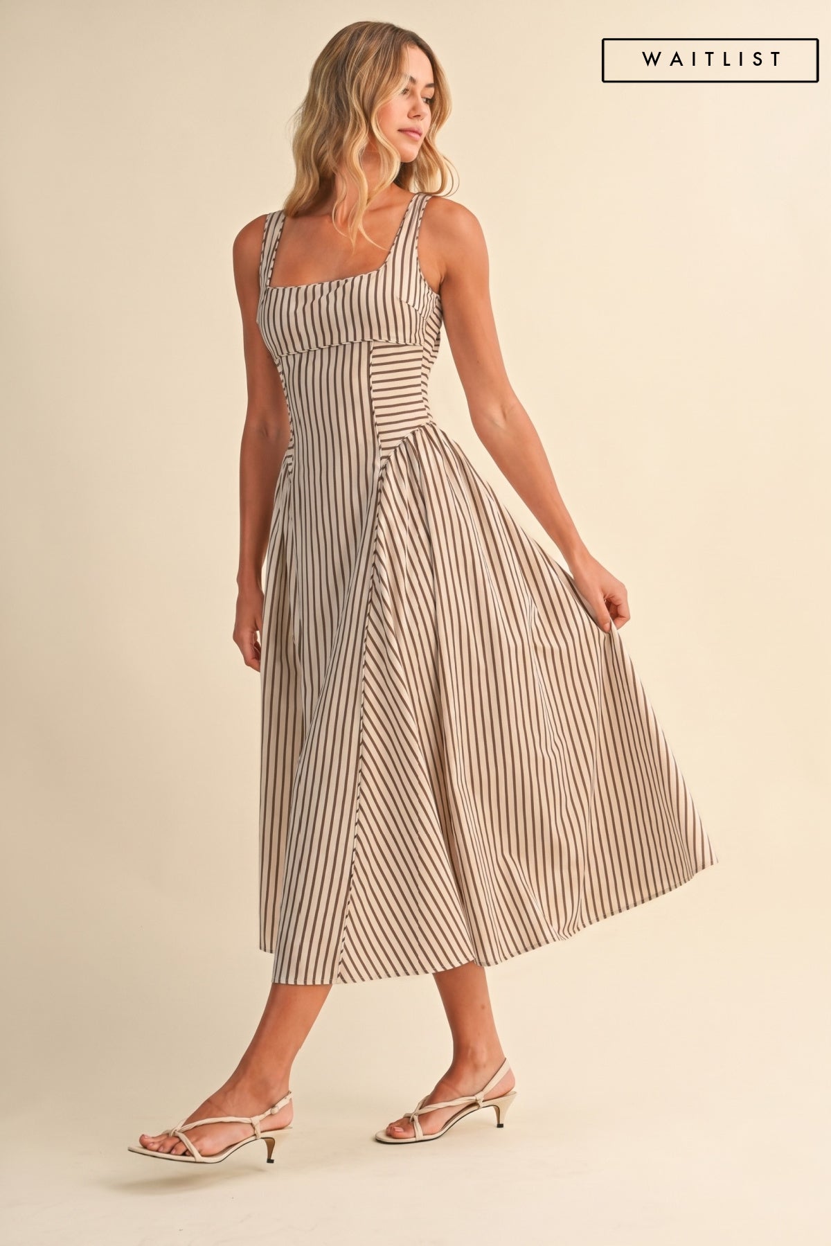 Waitlist 7/8 • Britton Sleeveless Large Back Buckle Stripe Print Midi Dress Cream
