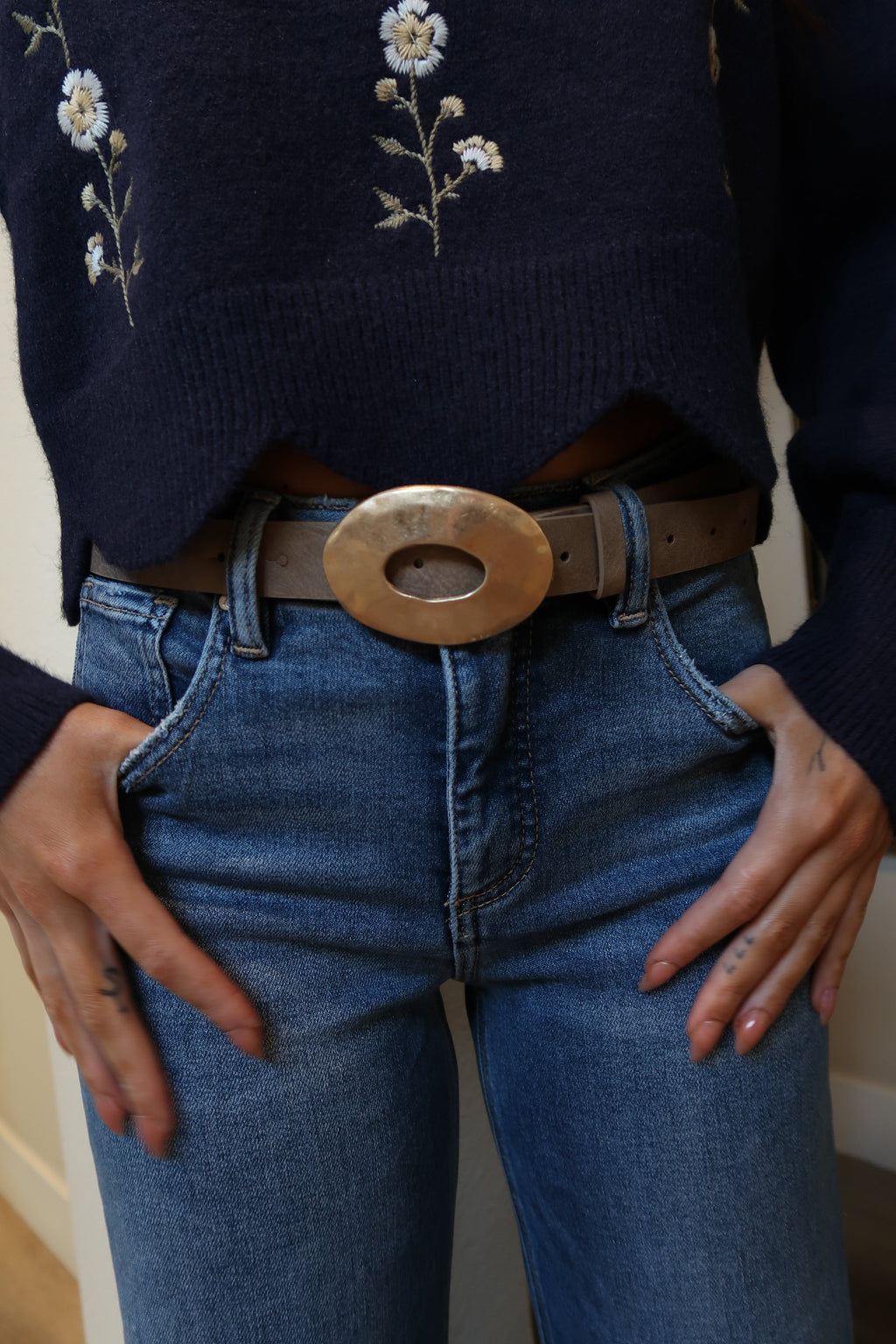 Katie Hammered Oval Buckle Belt Brown