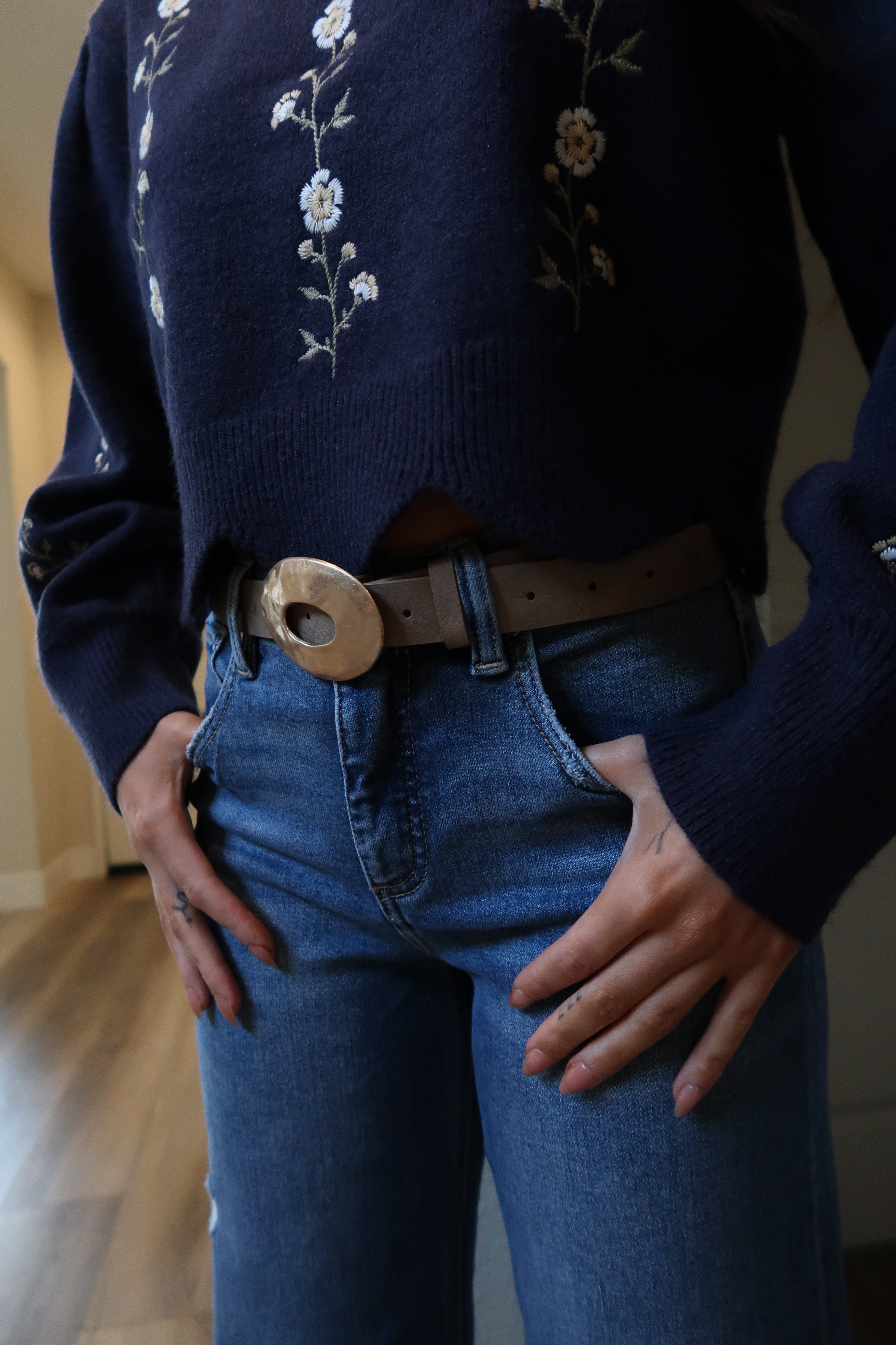 Katie Hammered Oval Buckle Belt Brown