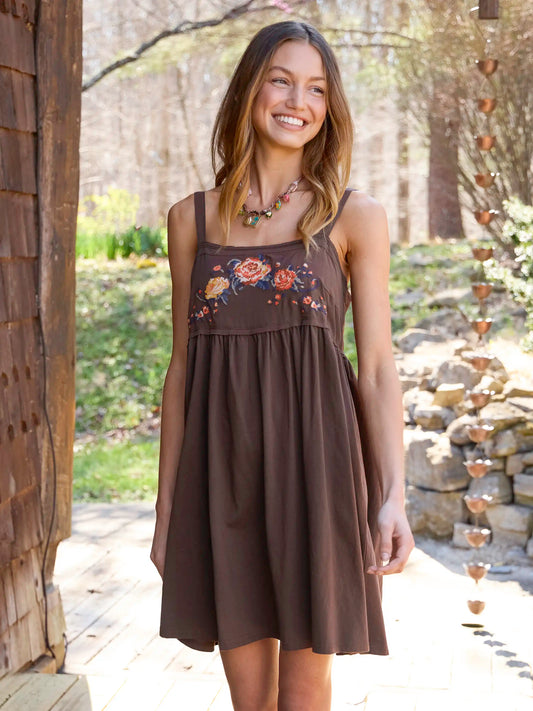 Patti Embroidered Mini Dress - Brown