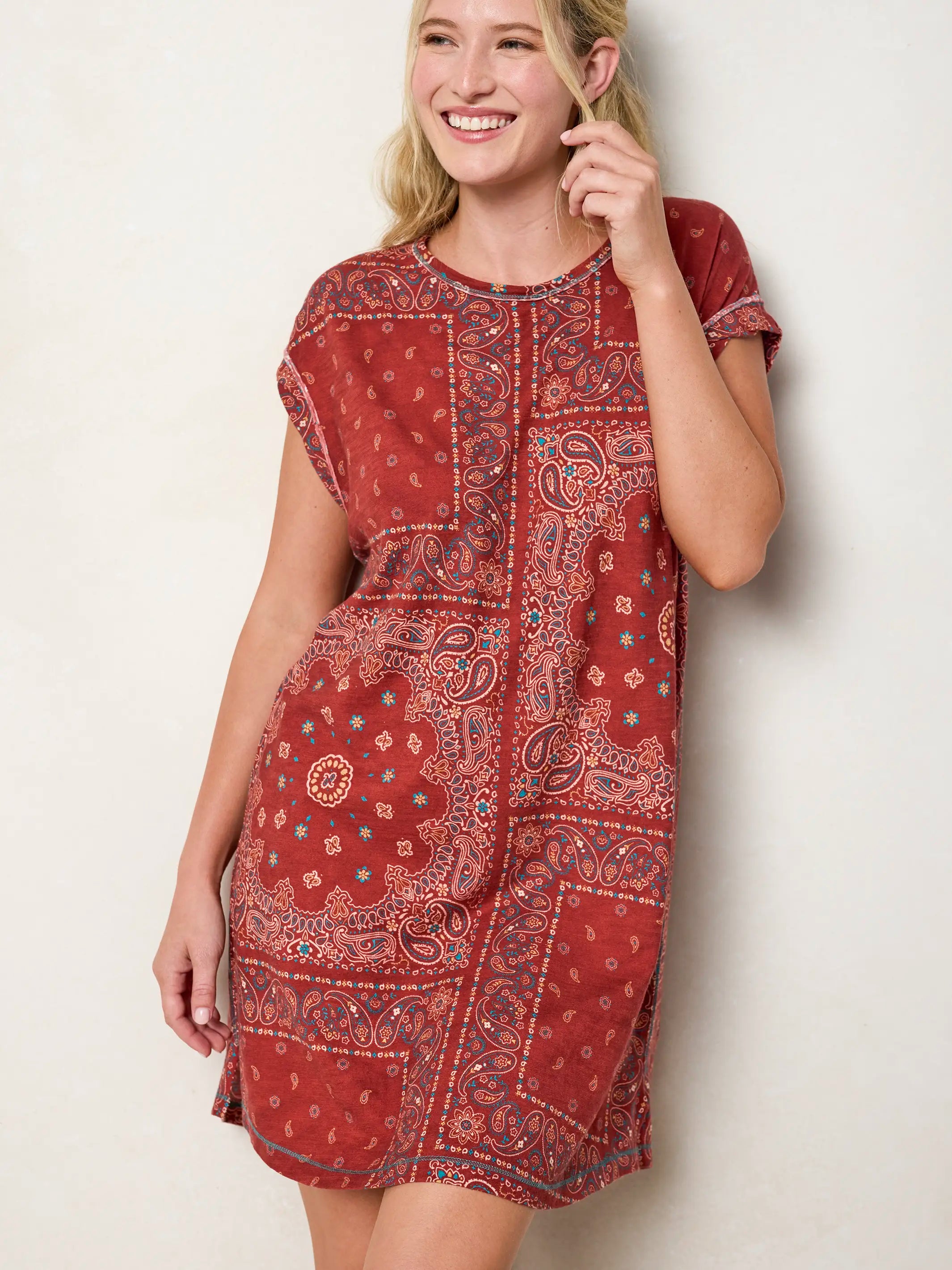 Frankie Knit Cotton Tee Mini Dress - Red Bandana Scarf