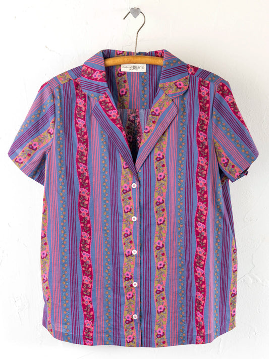 Mix & Match Cotton Short Sleeve Pajama Top - Retro Ribbons Navy