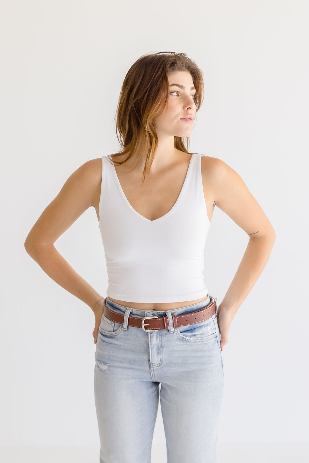 Greer Contrast Stitched Rectangle Buckle Belt Cognac