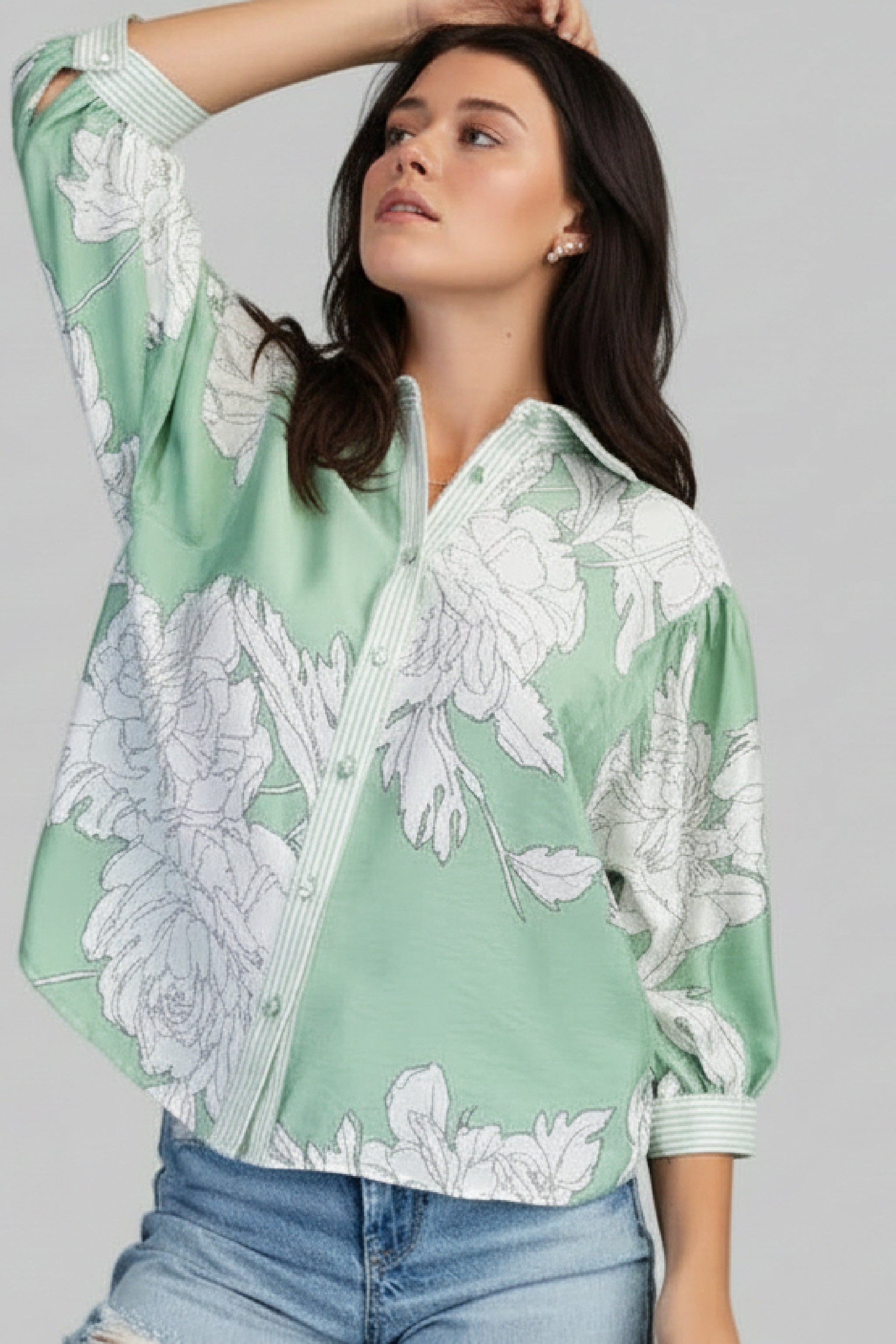 Dorothy 3/4 Sleeve Button Down Floral Print Top Sage