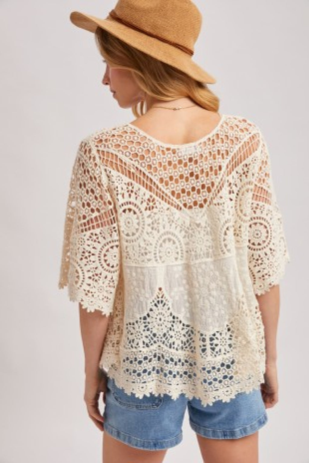 Waitlist 7/23 • Davina 3/4 Sleeve Front Tie Sheer Crochet Lace Top Natural