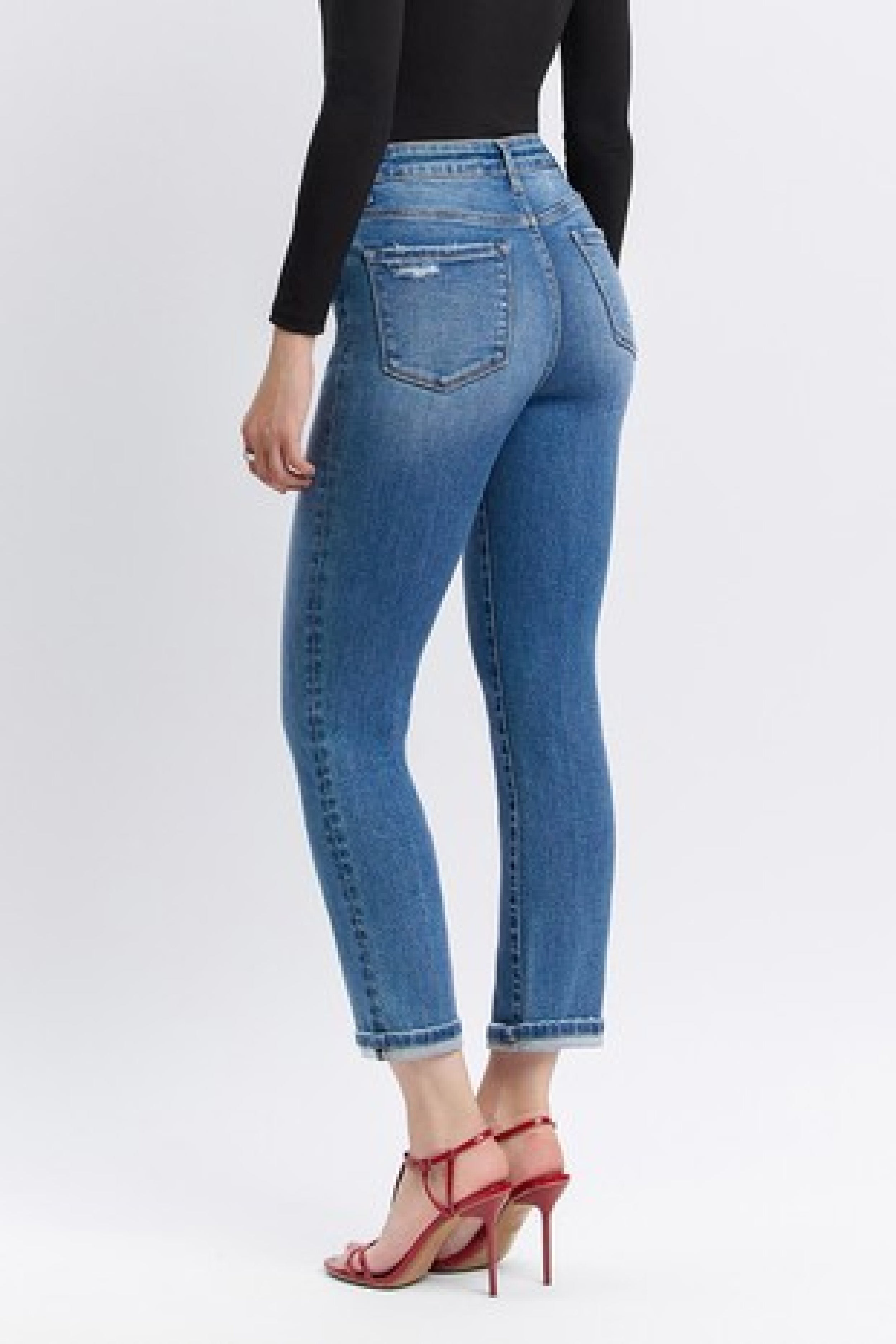 Scout High Rise Cropped Cuffed Straight Leg Jeans Dark Wash