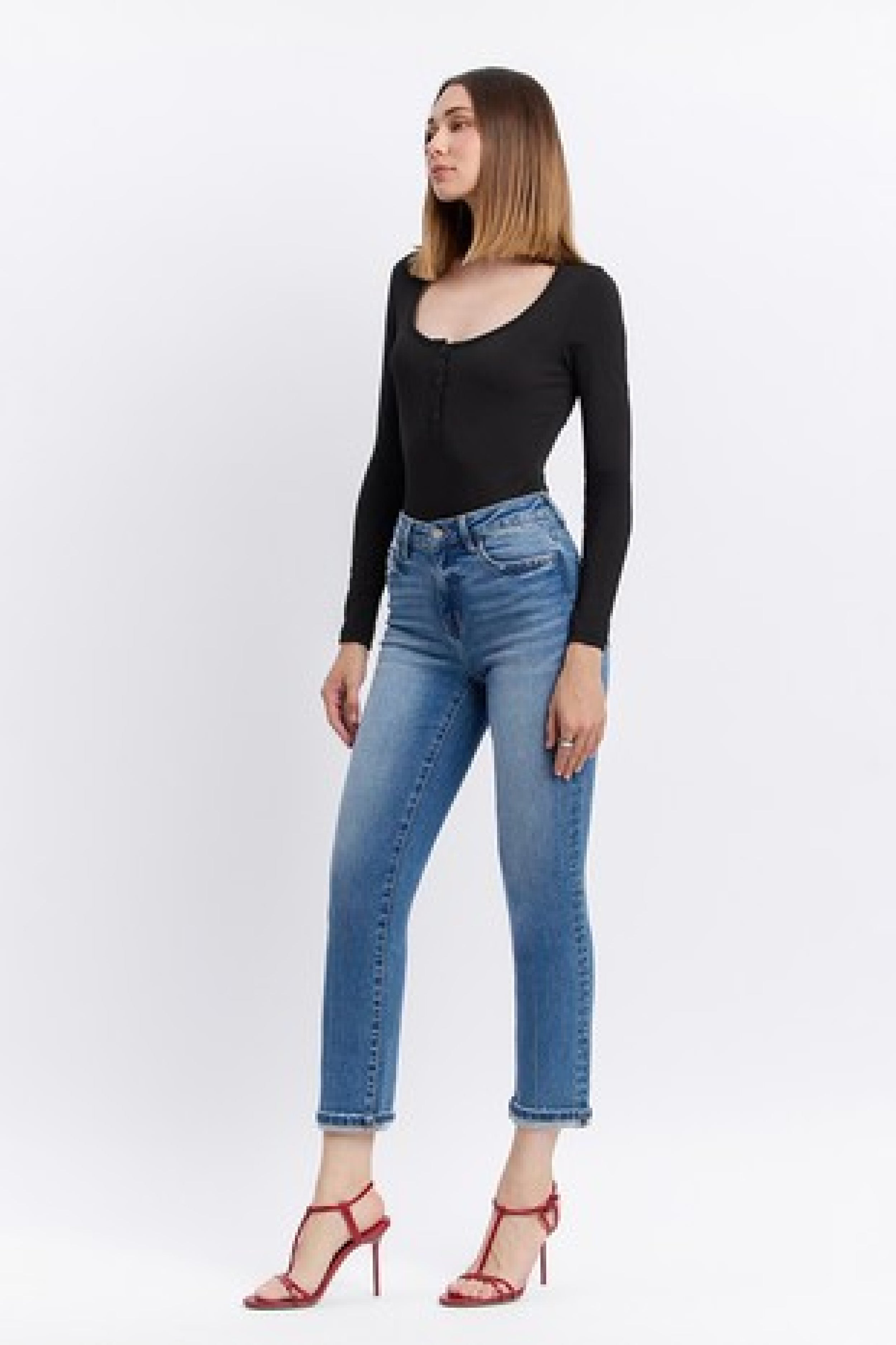 Scout High Rise Cropped Cuffed Straight Leg Jeans Dark Wash