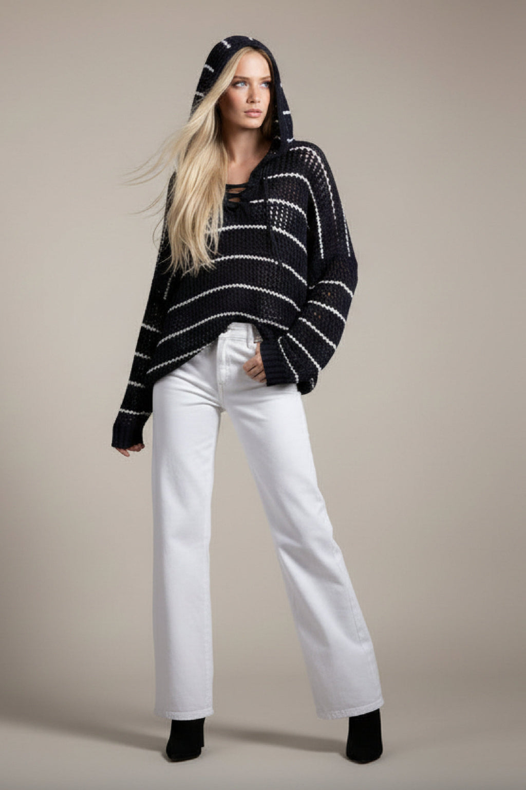 Bailey Long Sleeve Open Cable Knit Hoodie Sweater Navy
