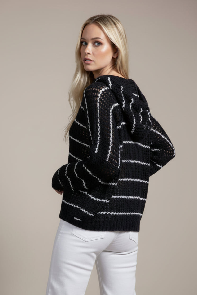 Bailey Long Sleeve Open Cable Knit Hoodie Sweater Navy