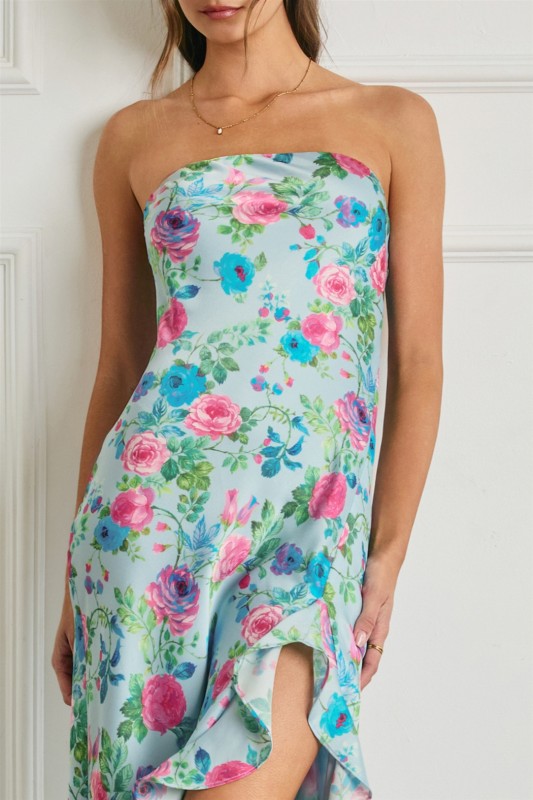 Waitlist 6/25 • Araceli Sleeveless Asymmetrical Floral Print Maxi Dress Blue