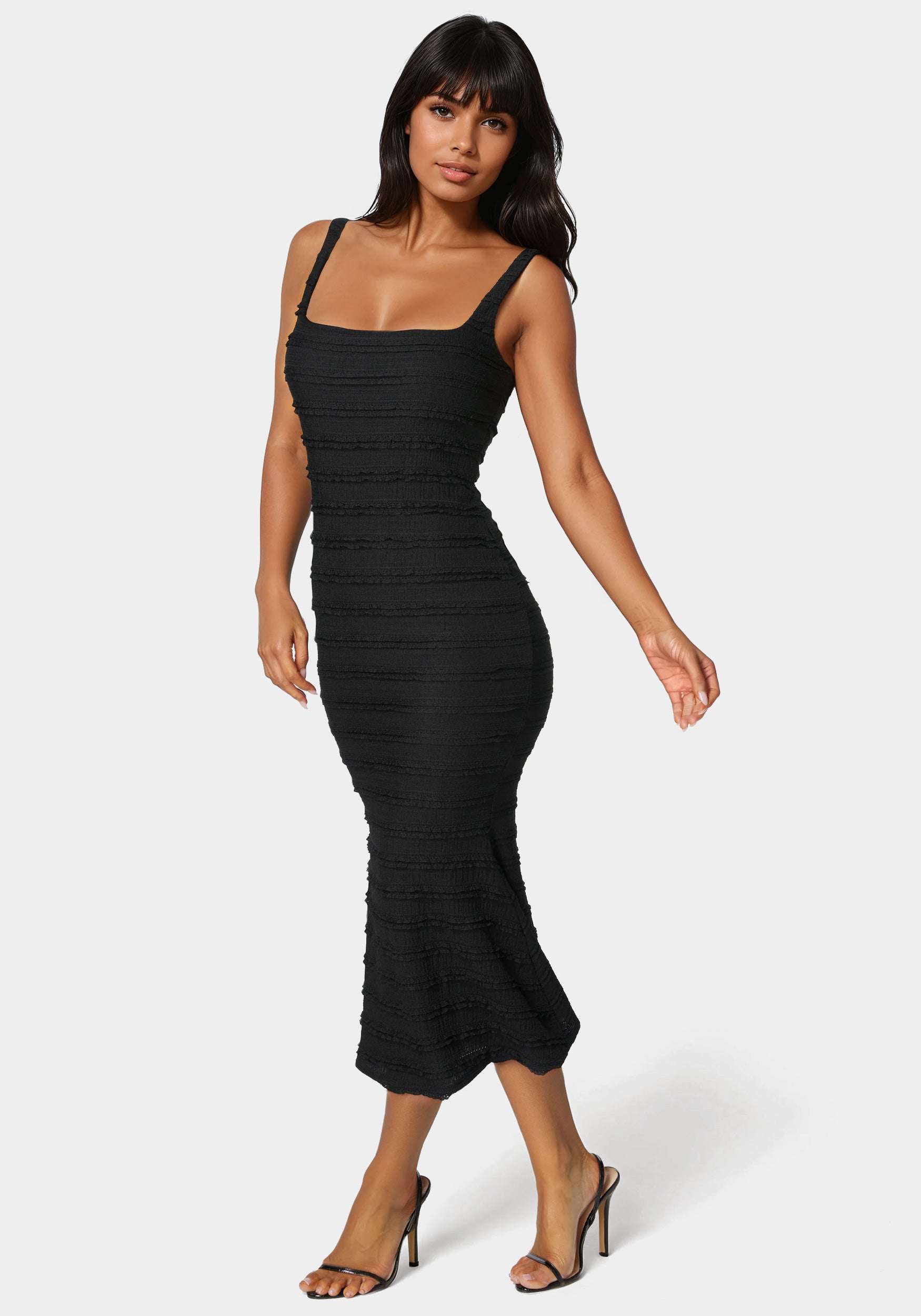 Square Neck Fluted Hem Midi Dress