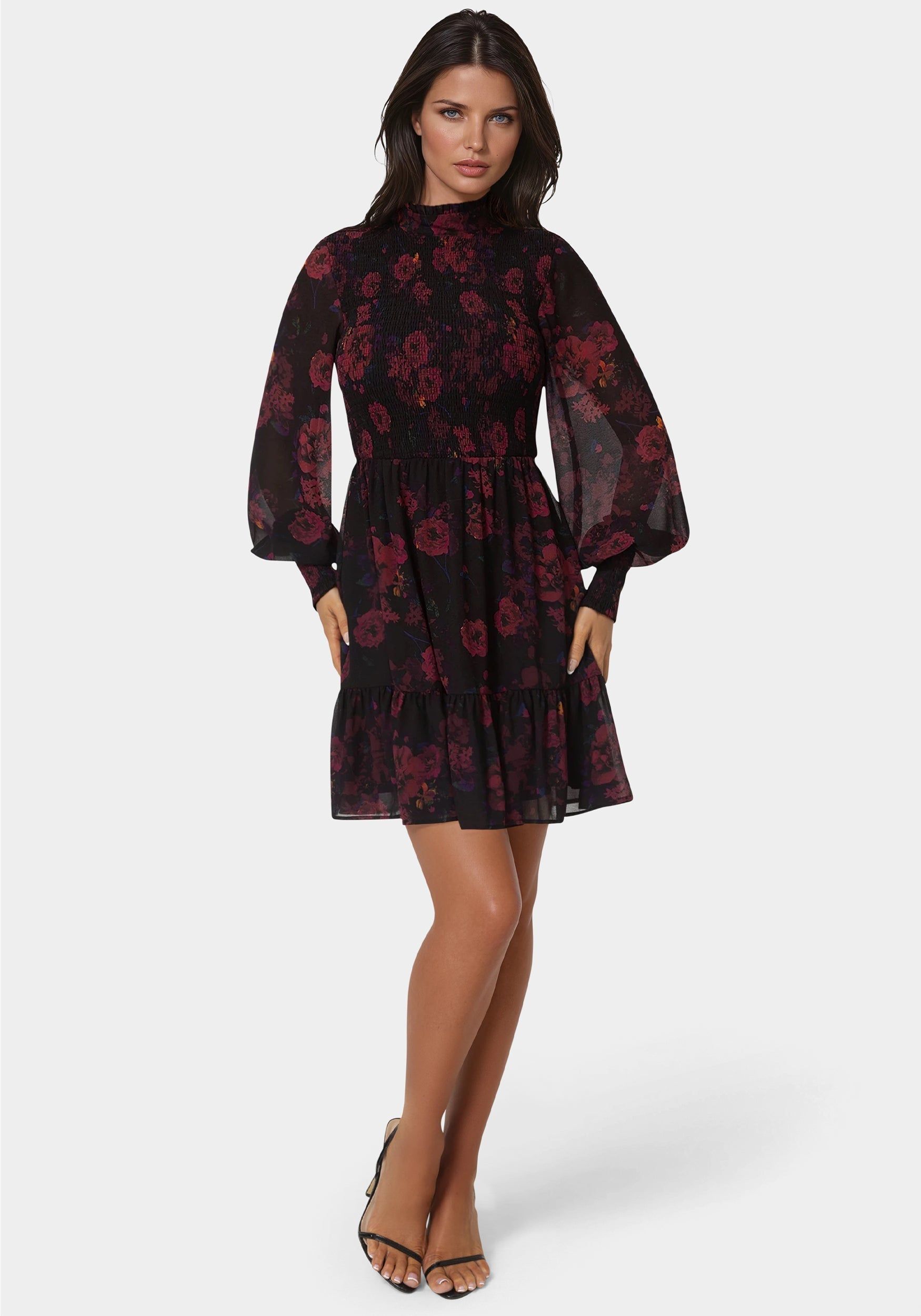 Long Sleeve Mock Neck Chifon Smocked Mini Dress