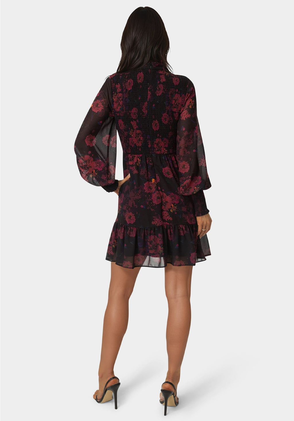 Long Sleeve Mock Neck Chifon Smocked Mini Dress