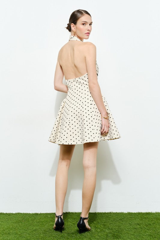 Raelynn Sleeveless Halter Open Back Polka Dot Print Mini Dress Ivory