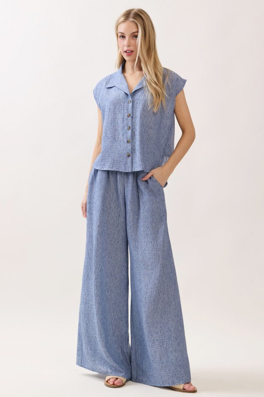 Fiora Short Sleeve Button Down Stripe Print Top Blue