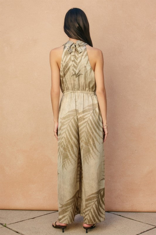 Sylvie Sleeveless Halter Tropical Print Wide Leg Jumpsuit Khaki