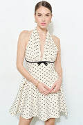 Raelynn Sleeveless Halter Open Back Polka Dot Print Mini Dress Ivory