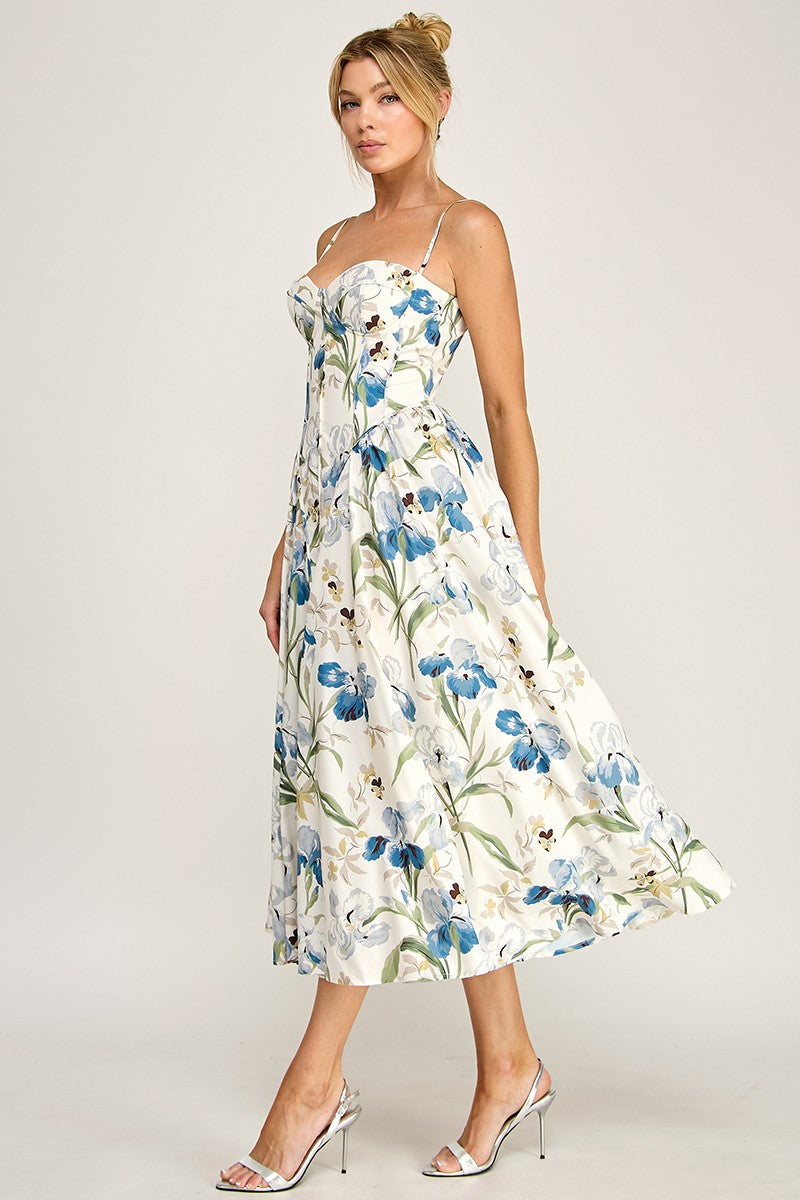 Waitlist 7/5 • Stassi Sleeveless Elegant Petal Floral Print Midi Dress Blue