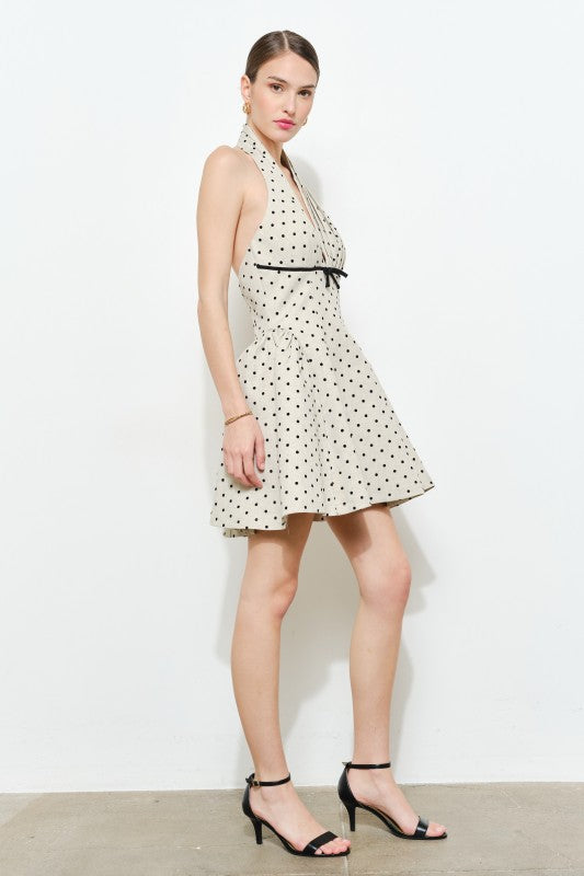 Raelynn Sleeveless Halter Open Back Polka Dot Print Mini Dress Oatmeal